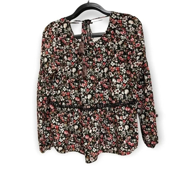 KNOX ROSE Blouse Dark Floral Crochet Detail Long Sleeve Size Medium - Picture 2 of 6